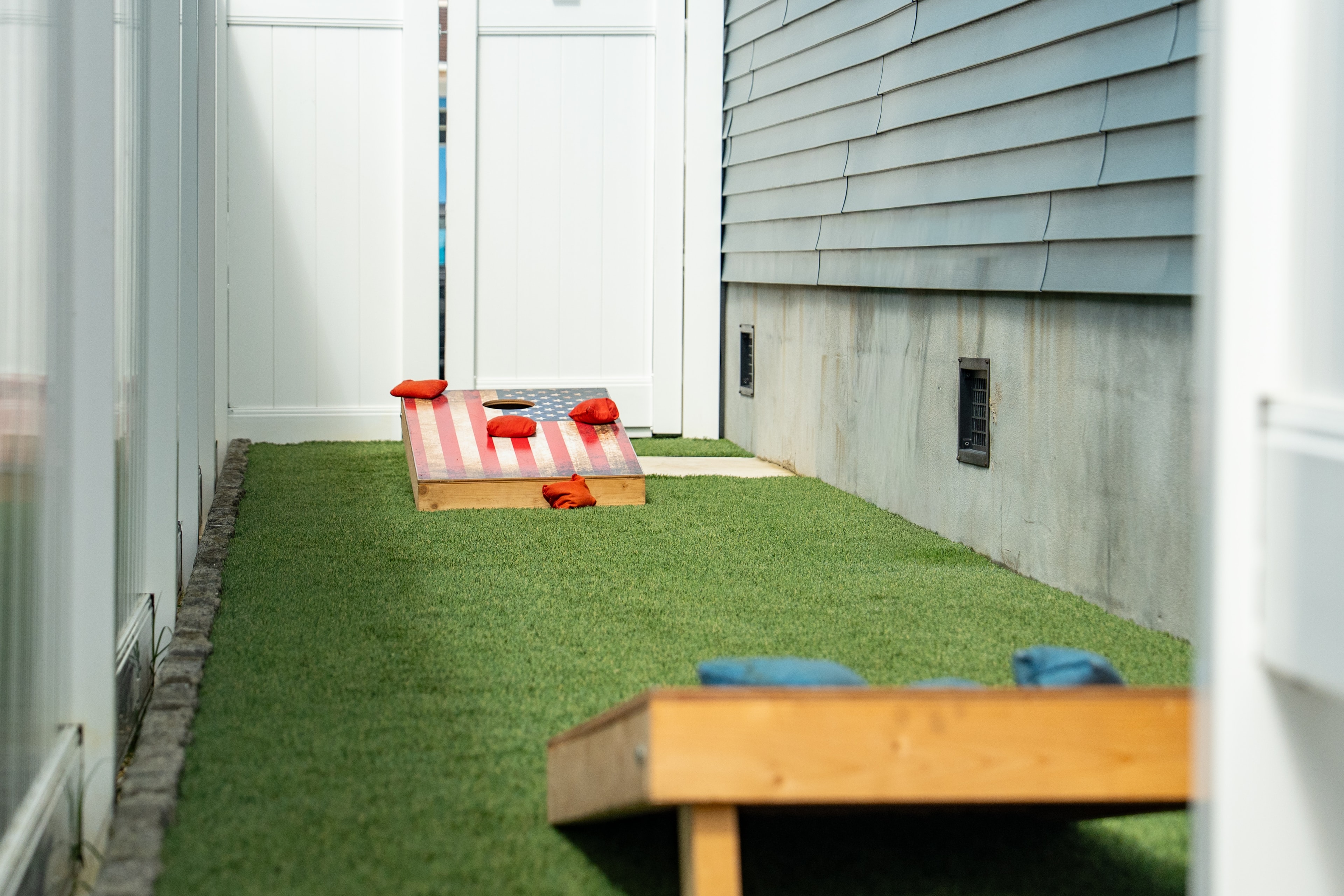 Cornhole boards on the game lawn