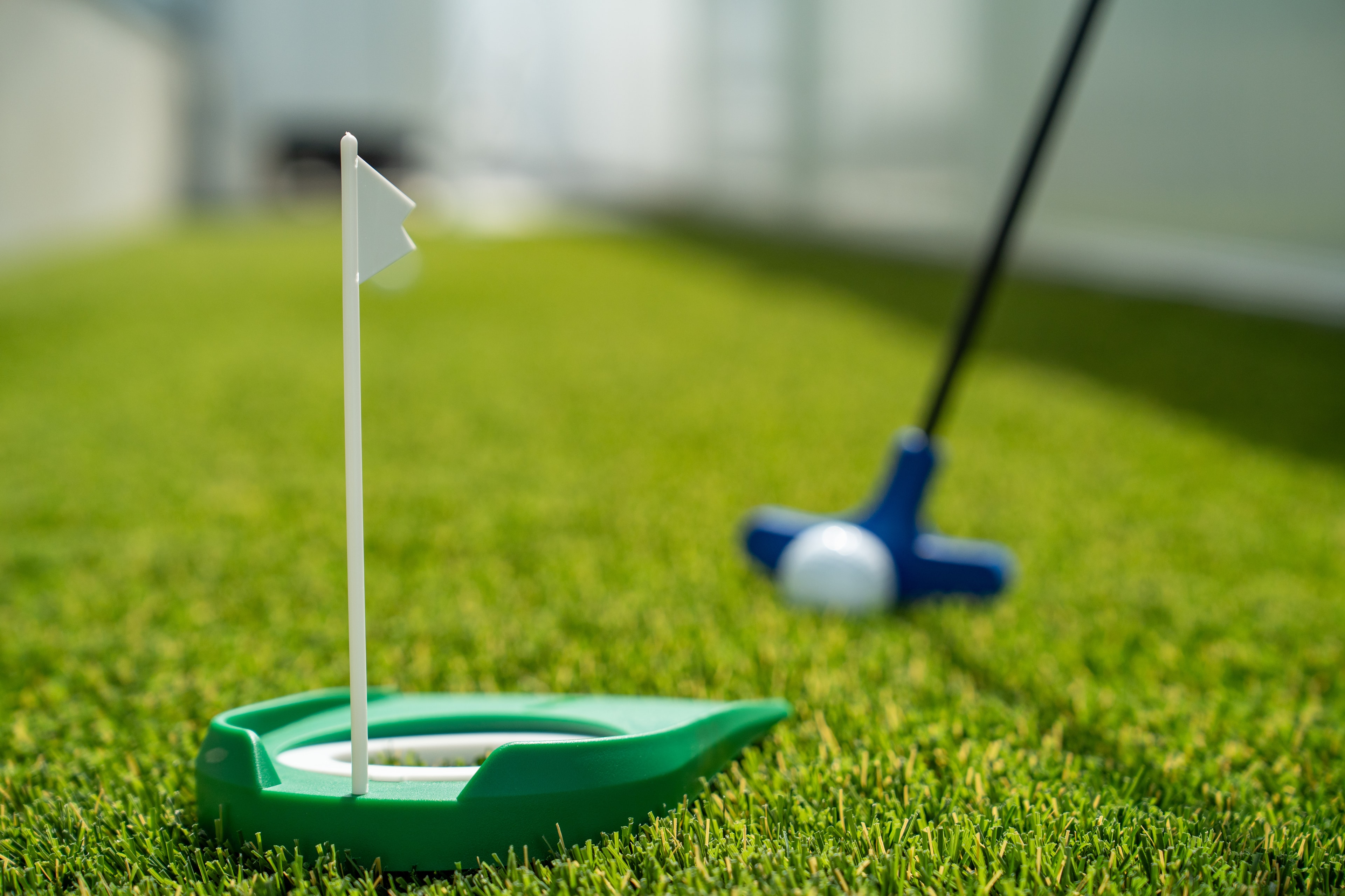 Putting green with flag and putter